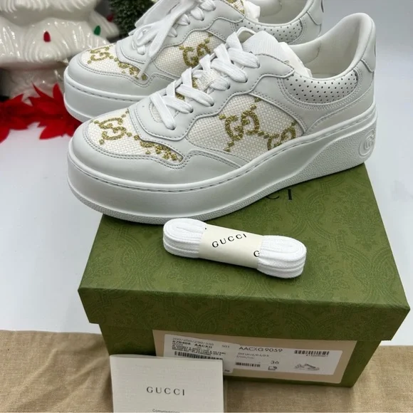 Gucci women’s platform low top sneakers in white leather with gold lame size 36